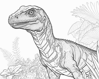 Omaľovánka dravého dinosaura zblízka so šupinatou hlavou a zubami medzi papraďami